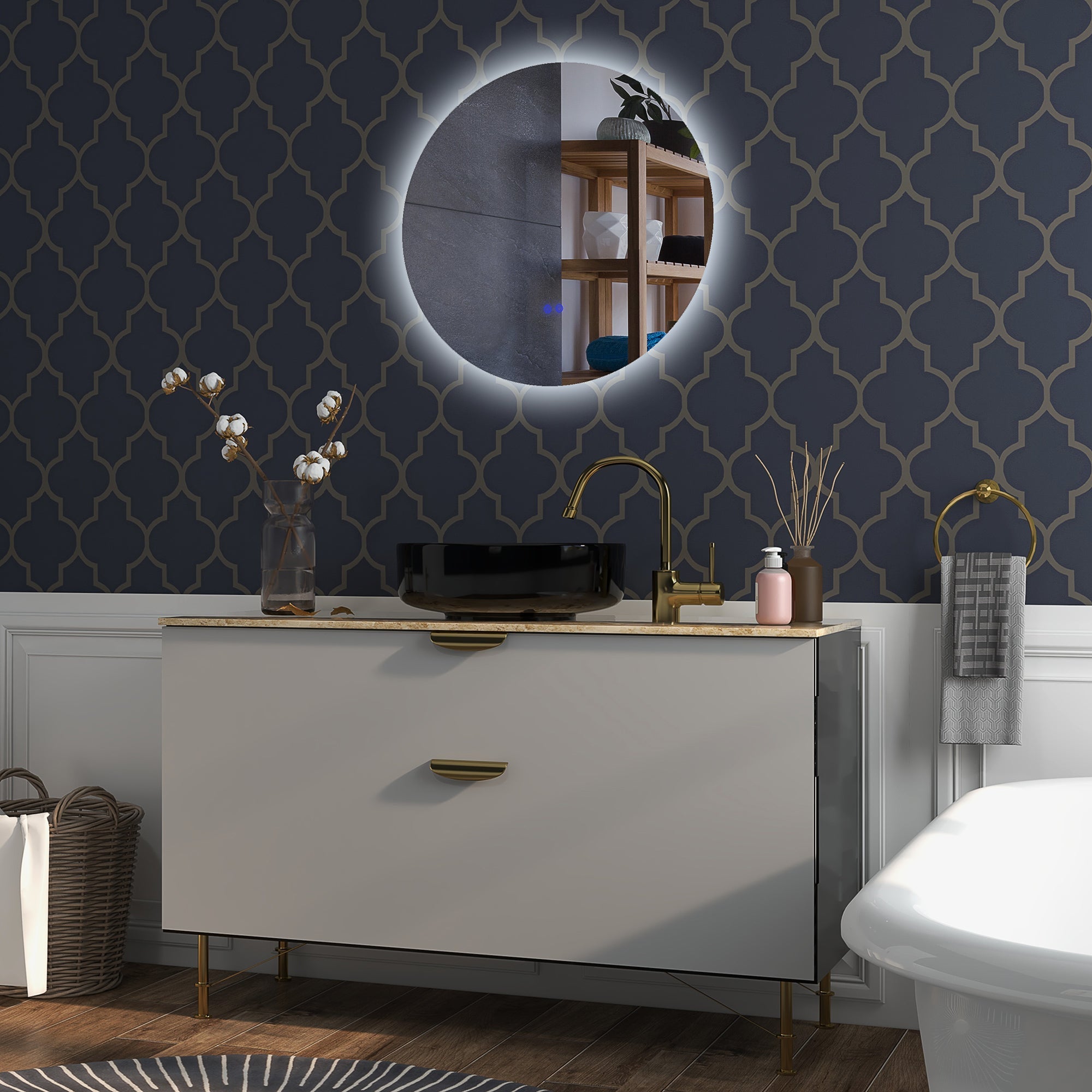 Specchio Bagno Rotondo Ø70 cm con Luci LED  3 Tonalità Interruttori Touch e Design Antiappannamento