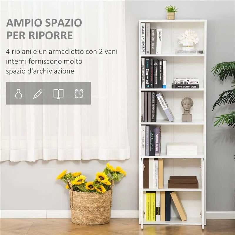 LIBRERIA MODERNA 4 RIPIANI CON ARMADIETTO A 2 ANTE IN LEGNO, 59X29X180CM, BIANCA