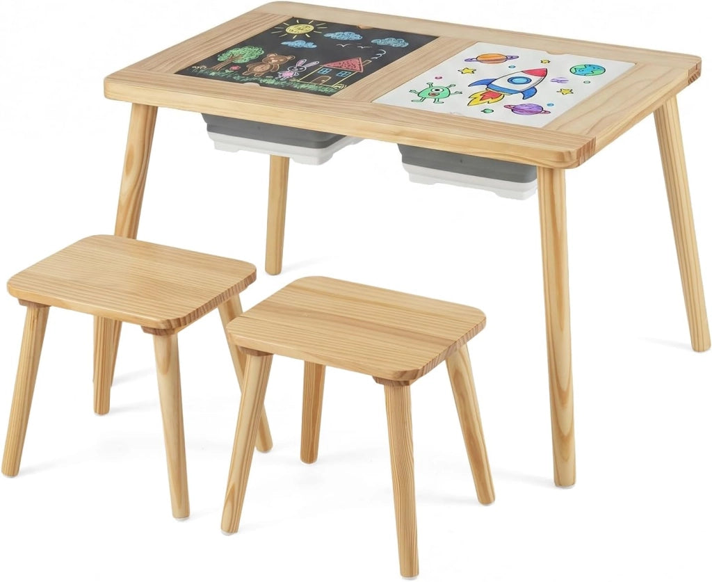 Set Tavolo con 2 Sedie per Bambini 3+ Anni, Tavolo e Sedie con Piano Doppio Lato Rimuovibile e 2 Contenitori, Gambe Robuste in Legno, Tavolo Attività per Gioco e Disegno (con Sedie Quadrate)