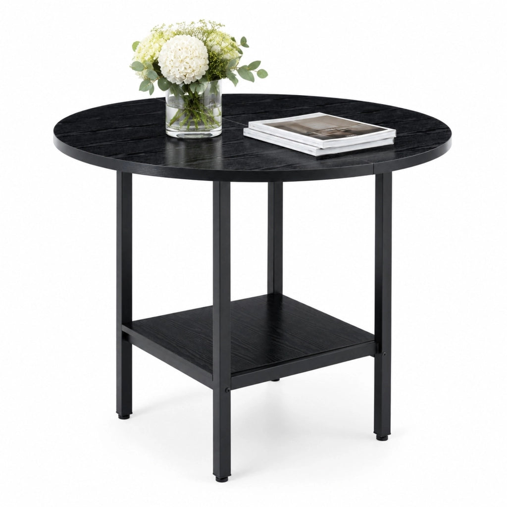 Tavolo da pranzo rotondo Ø100 cm nero con ripiano, MDF e metallo