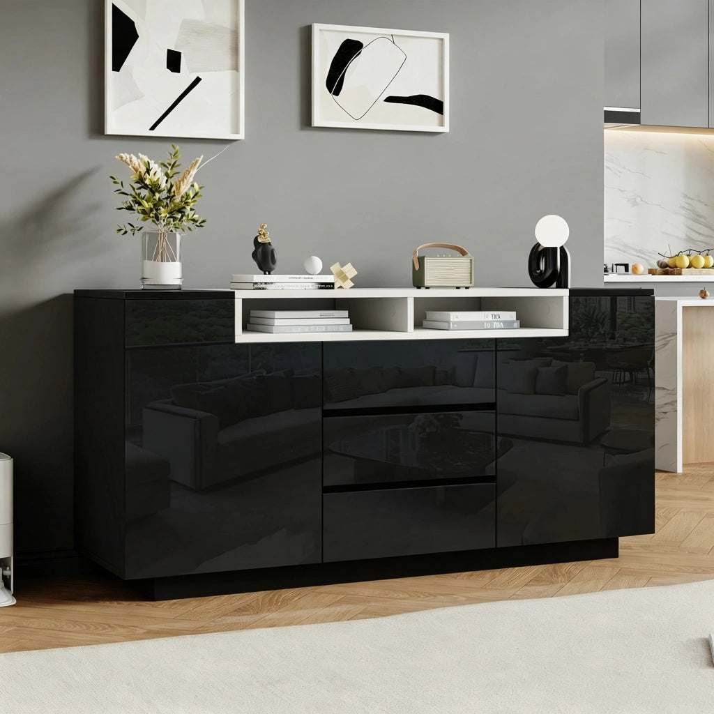 Credenza con 2 ante e 3 cassetti; illuminazione LED; per soggiorno; 140x40x68 cm; nera