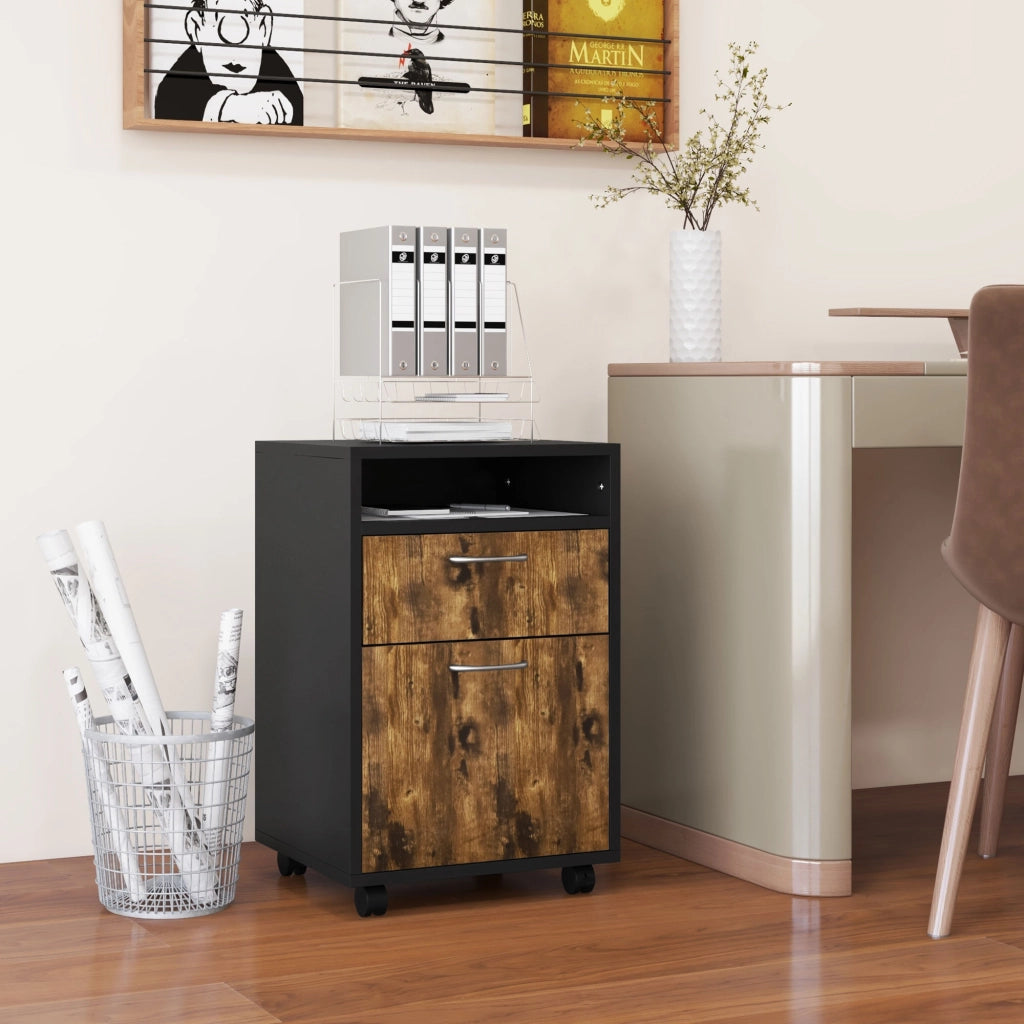 Cassettiera Portadocumenti con Cassetto e Ripiano, 4 Ruote, 40x35x60cm, Marrone e Nero