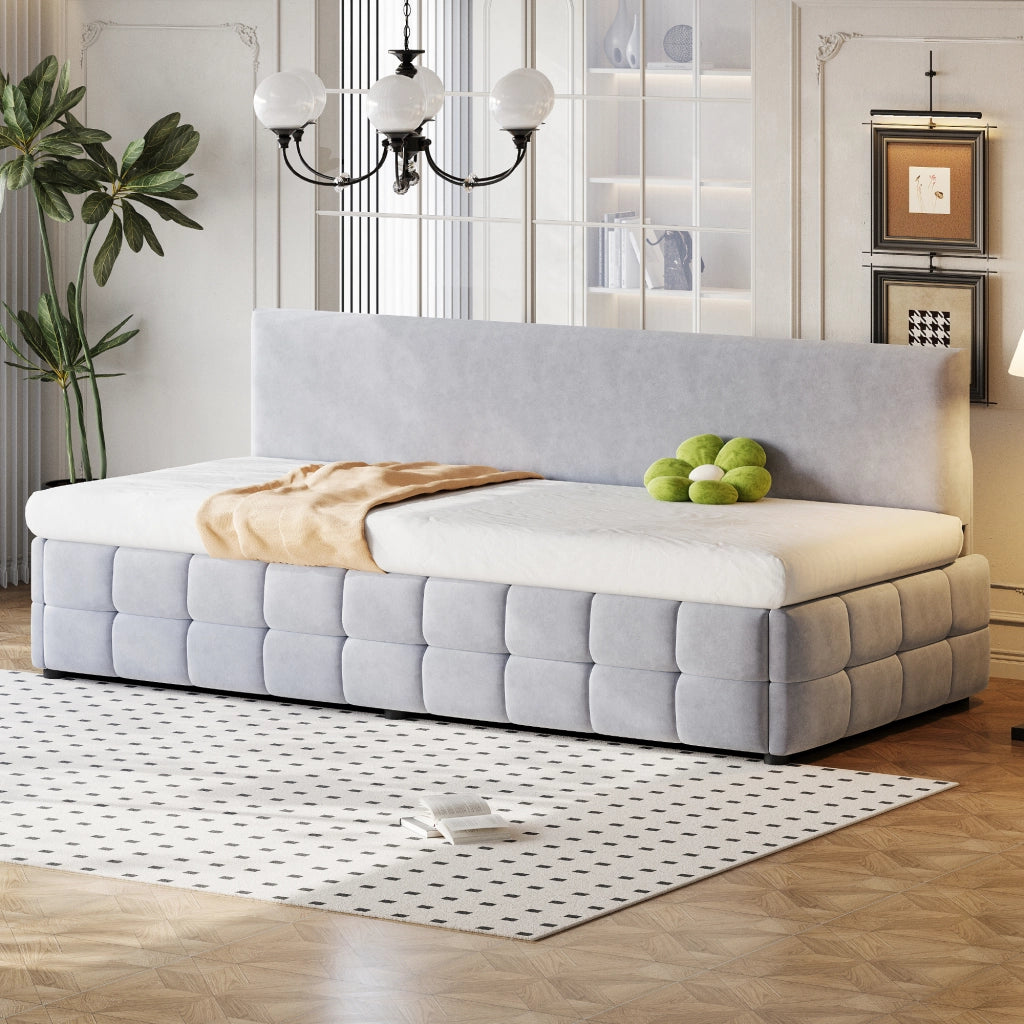 Letto imbottito con vano contenitore idraulico velluto grigio chiaro 90x200 cm