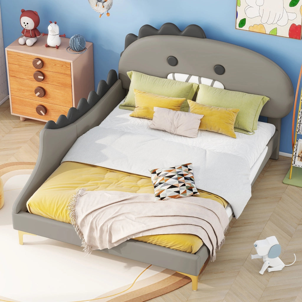 Letto basso per bambini grigio con testiera a forma di dinosauro in PU 140x200 cm