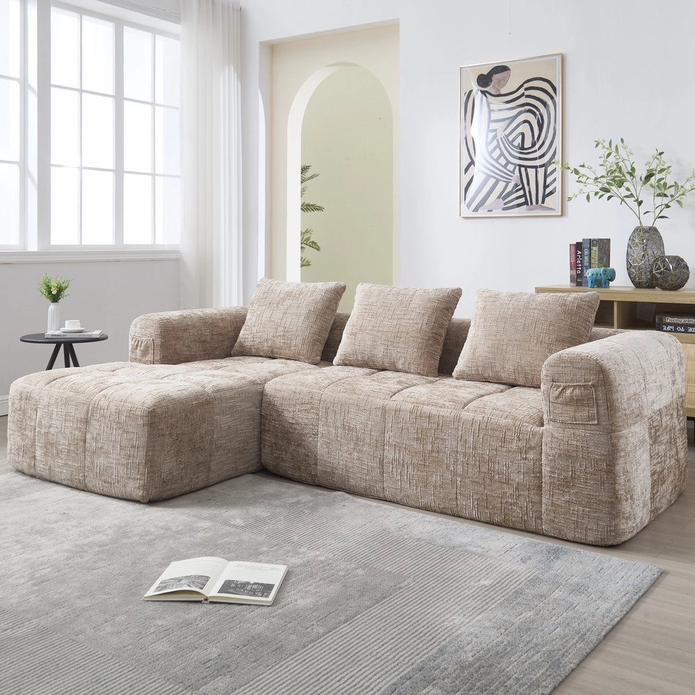 Divano angolare 3 posti con chaise longue e braccioli ¨C Minimal ¨C tessuto chenille khaki con 3 cuscini e tasca laterale