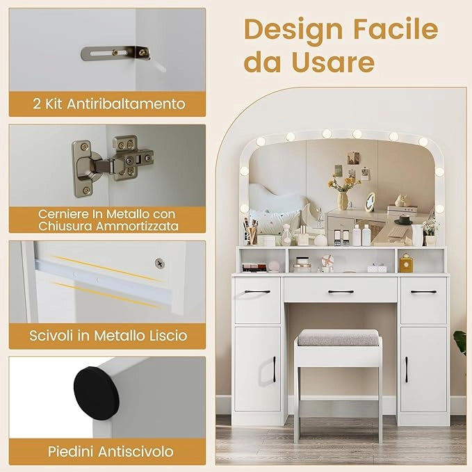 Toeletta da Trucco con 10 Luci, Set Tavolo e Sgabello da Trucco con Stazione di Ricarica, 3 Colori di Luce, 3 Cassetti, 2 Armadietti, Consolle Toeletta per Soggiorno Camera da Letto (Bianco)