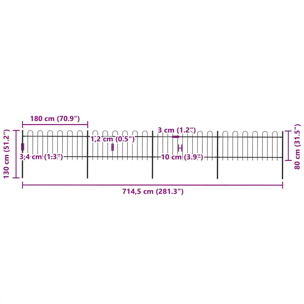 Recinzione da Giardino con Parte Superiore ad Anello in Acciaio 714,5x80 cm Nero 277650