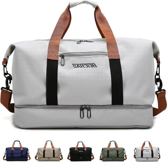 Zak da bagno con tasca per scarpe e tasca umida - valigetta da viaggio pieghevole per donne - borsa da spalla per viaggi notturni sport scuola yoga - Grigio - Duffle da viaggio