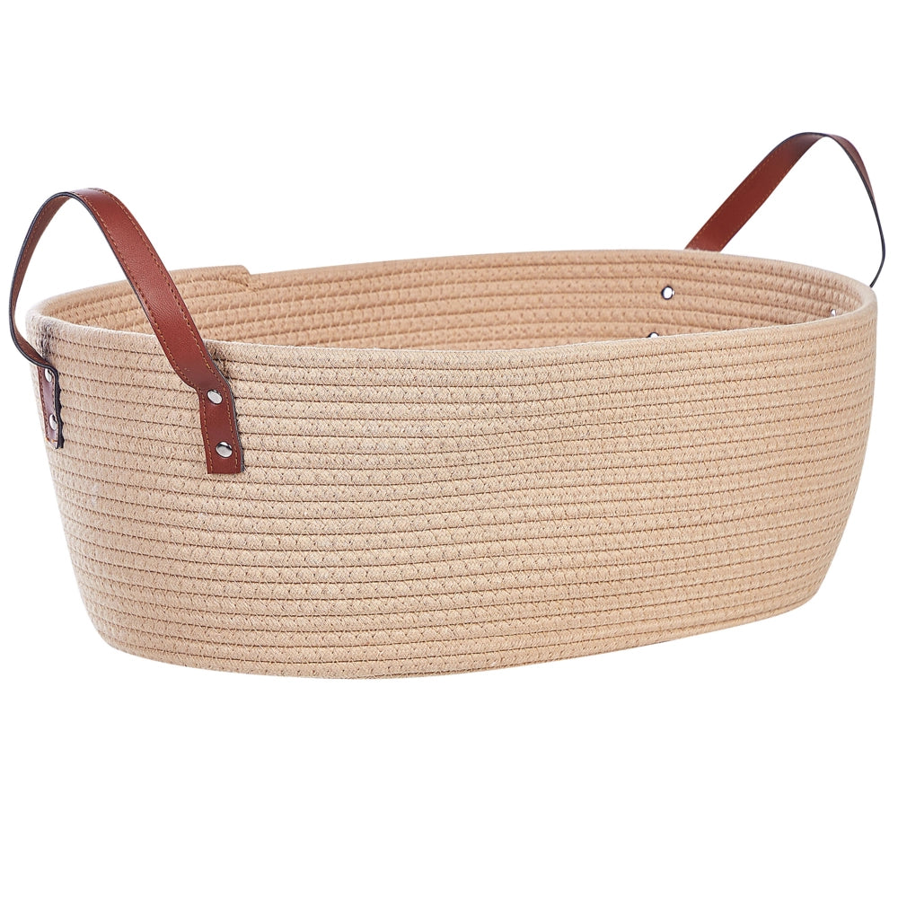 Set di 2 ceste portaoggetti in cotone beige realizzati a mano con maniglie in pelle