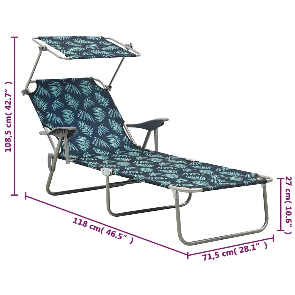 Lettino prendisole sedia a sdraio lettino prendisole letto da giardino mobili da esterno per patio con tettoia in acciaio motivo a foglie 02_0012266