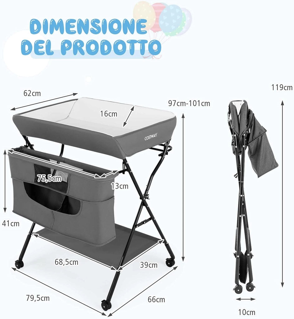 4-in-1 Fasciatoio Pieghevole con Rotelle, Altezza Regolabile, Fasciatoio Portatile con Portaoggetti Borsa e Ripiano, Fasciatoio Neonato 0-12 Mesi (Grigio)