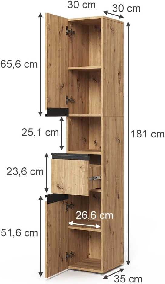 Armadio per il bagno Torren, Artigiano, 30 x 181 cm con 2 porte, si distingue per funzionalità ed estetica