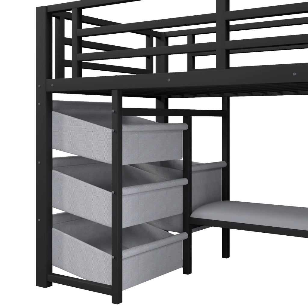 Letto rialzato 90 x 200 cm in metallo nero con LED, cuscino e contenimento