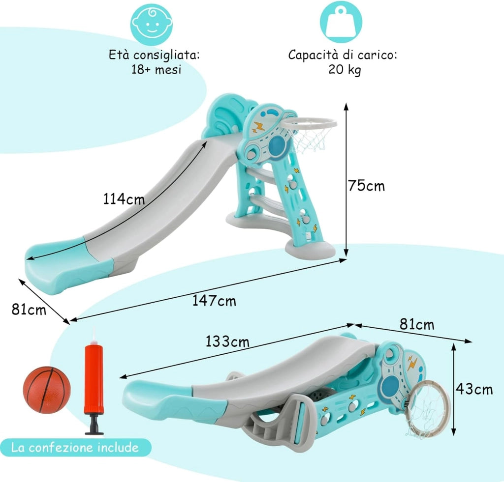 3 in 1 Scivolo per Bambini, Set di Scivolo Pieghevole con Canestro Basket e Pallone, Set da Arrampicata e Scivolo da Interno, 18 Mesi+ (Blu)
