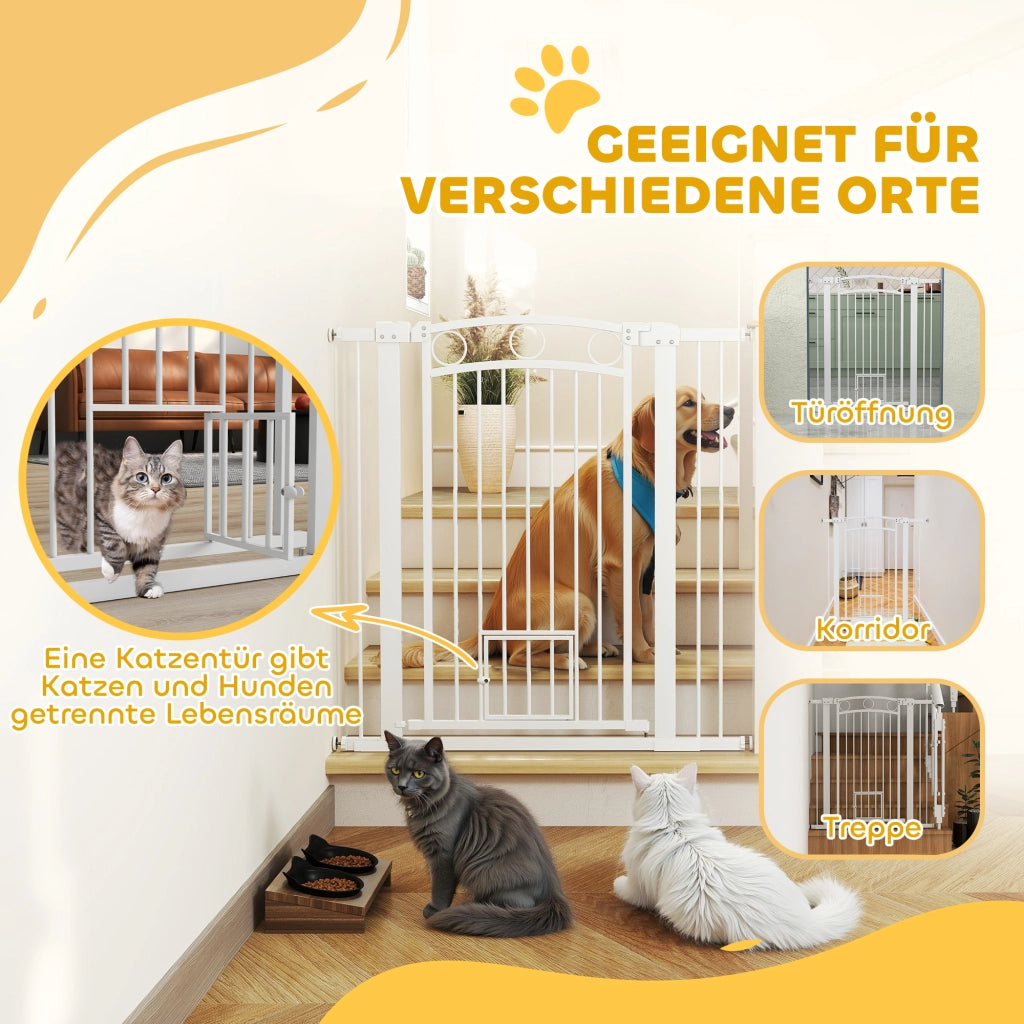 Cancelletto per animali domestici 106 cm ¨C Xylo ¨C regolabile, con porta per gatti, bianco