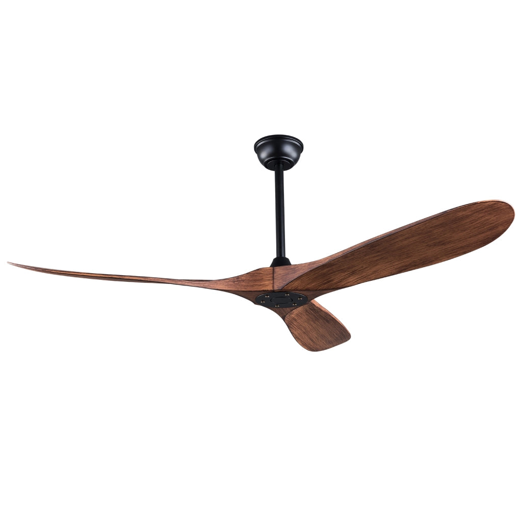 Ventilatore da soffitto senza luce con telecomando; motore DC reversibile; 3 pale in ABS; nero e noce scuro