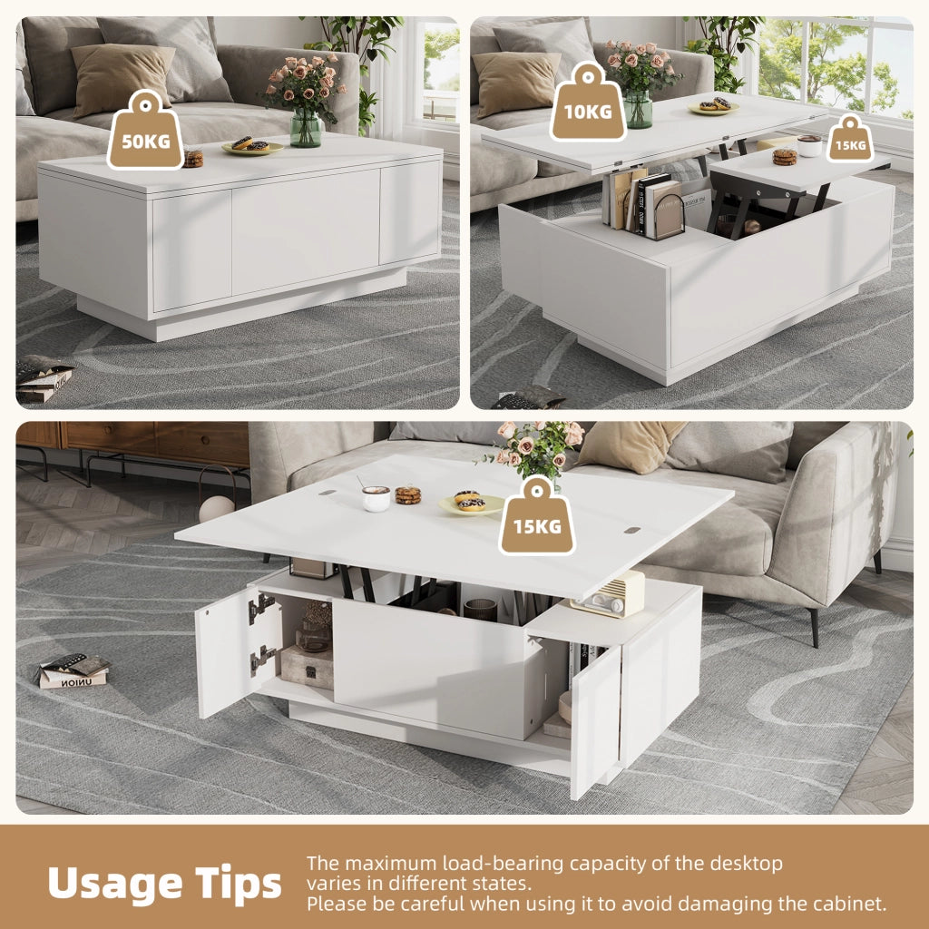 Tavolino alzabile con 2 ante e vano contenitore - per soggiorno - 100×50×43 cm - bianco