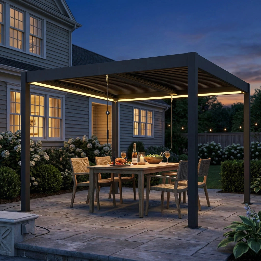 Pergola in alluminio 3x3 m con tetto a lamelle regolabile e illuminazione LED ¨C zephmum ¨C Grigio