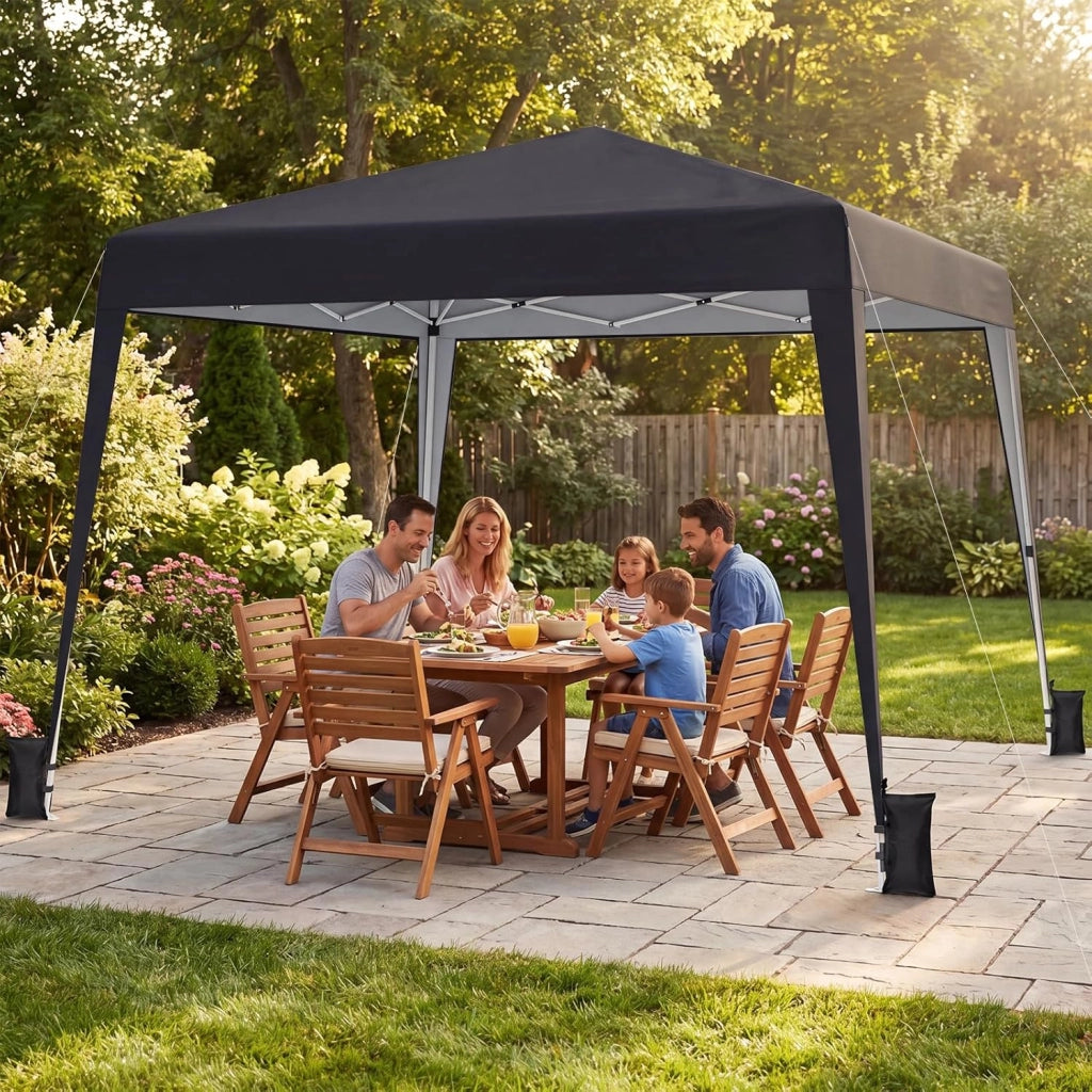 Gazebo da Giardino 3 x 3 M, Tendone Parasole con Telo Impermeabile e Resistente, Sacchi di Sabbia, Pieghevole, Portatile e Altezza Regolabile, per Esterno, Mercati, Fiere e Campeggio (Nero)