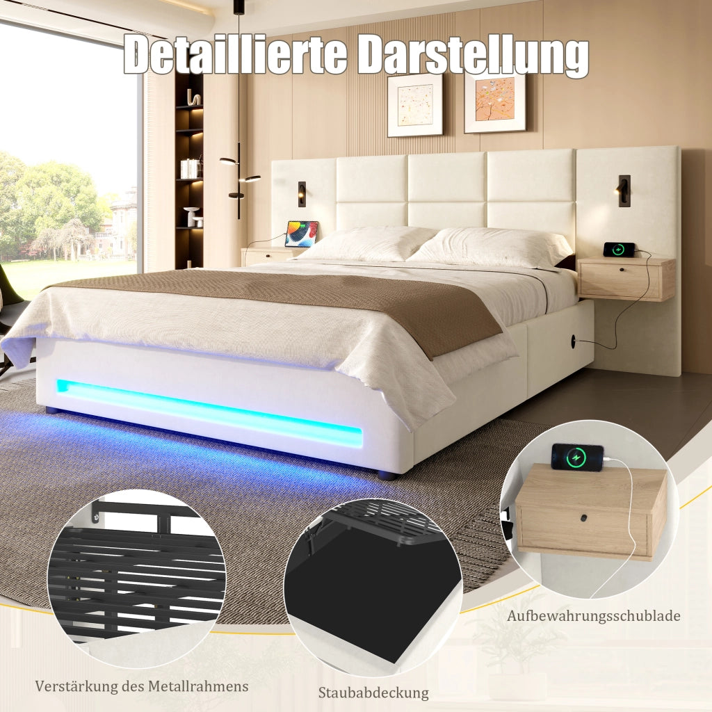 LETTO Contenitore 160x200 cm in velluto beige con testiera ampia, LED e USB-C