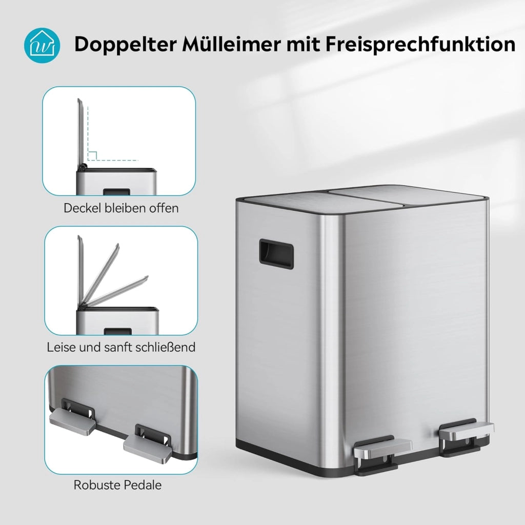 Bidone per rifiuti da cucina 30 litri a due camere ¨C zephmum ¨C in acciaio inossidabile con pedale