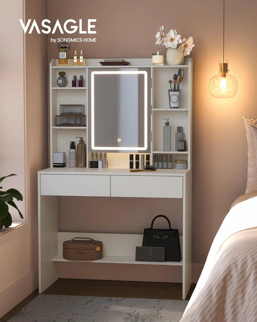 VASAGLE KAILYN Collezione - Toeletta con Luci LED 3 Colorazioni con LuminositàRegolabile, Tavolo da Trucco con Specchio, Ripiani Regolabili, 2 Cassetti, Postazione Trucco, Bianco RDT123T14