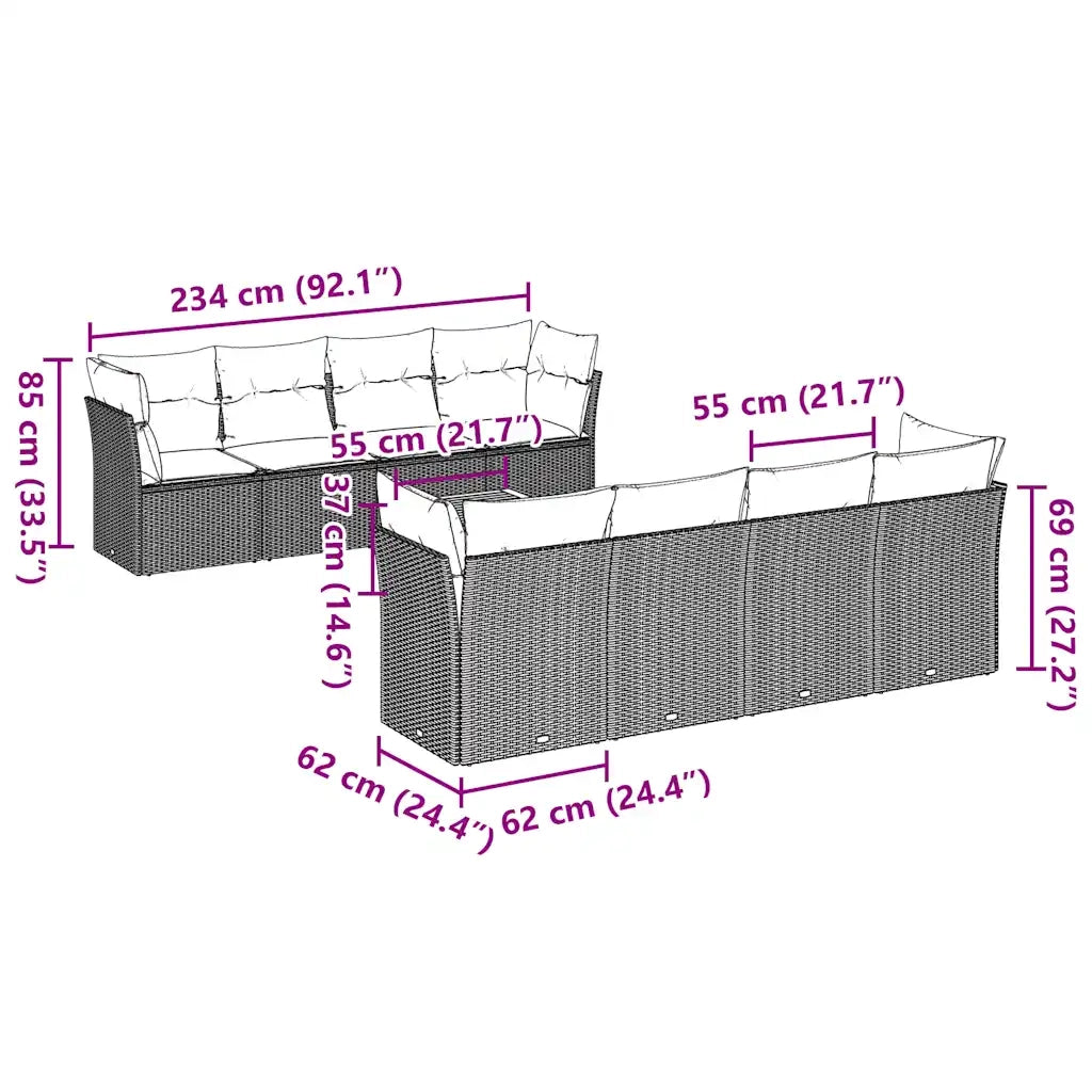 Set Divani da Giardino 9 pz con Cuscini Grigio in Polyrattan