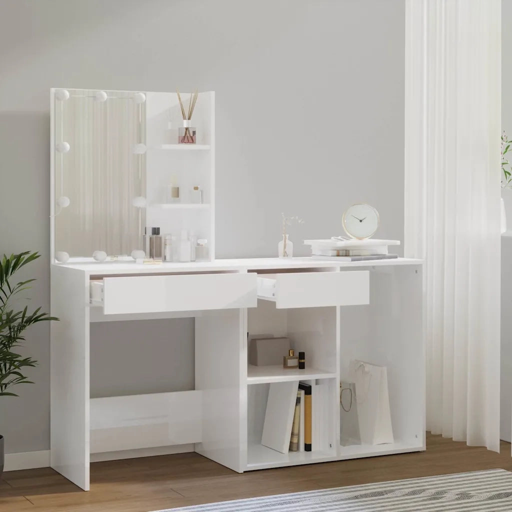 Toeletta | Tavolo da Trucco con LED e Armadietto Bianco in Legno Multistrato