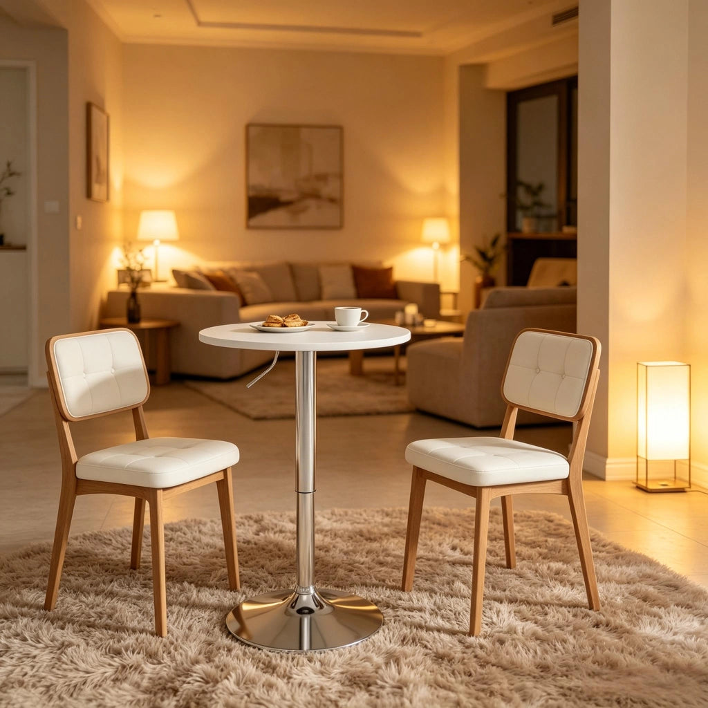 Tavolo da pranzo rotondo regolabile in altezza con piano in MDF e base cromata per cucina bianco diametro 60 cm