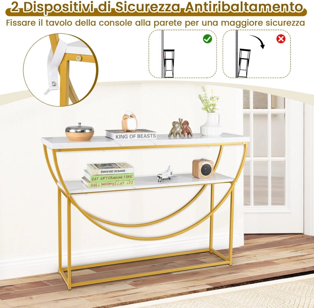 Tavolo Consolle a 2 Ripiani con Piano in Marmo Finto, Tavolo d’Ingresso con Struttura in Metallo Resistente e Mensola, Tavolino Lungo e Moderno per Corridoio, Ingresso e Salotto