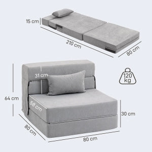 Poltrona multifunzionale trasformabile in divano da pavimento, chaise longue o materasso, grigio chiaro