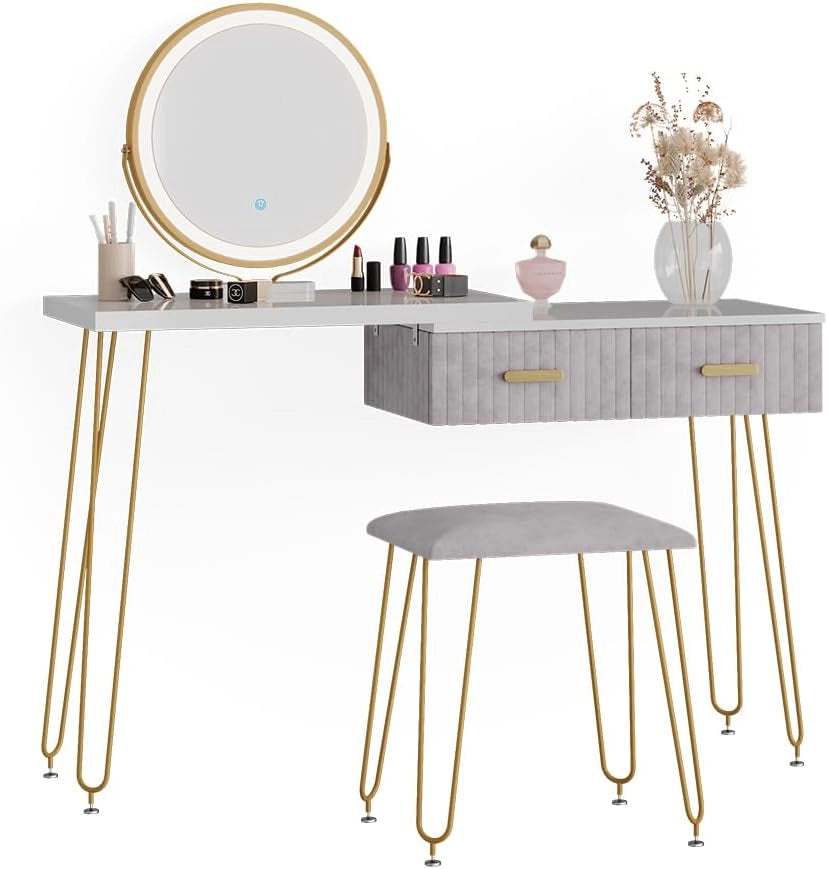 Tavolo da toeletta Zoey, Grigio, 120 cm con illuminazione LED e sgabello, con illuminazione LED e sgabello imbottito
