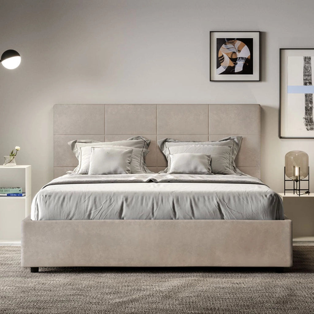 Letto queen size contenitore imbottito 150x190 microfibra sabbia Mika