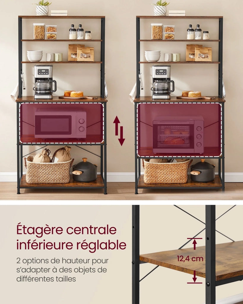Mensola da cucina con multipresa mensola per macchina da caffè 6 ripiani 6 ganci per forno a microonde struttura in acciaio 40 x 80 x 167 cm marrone 12_0005661