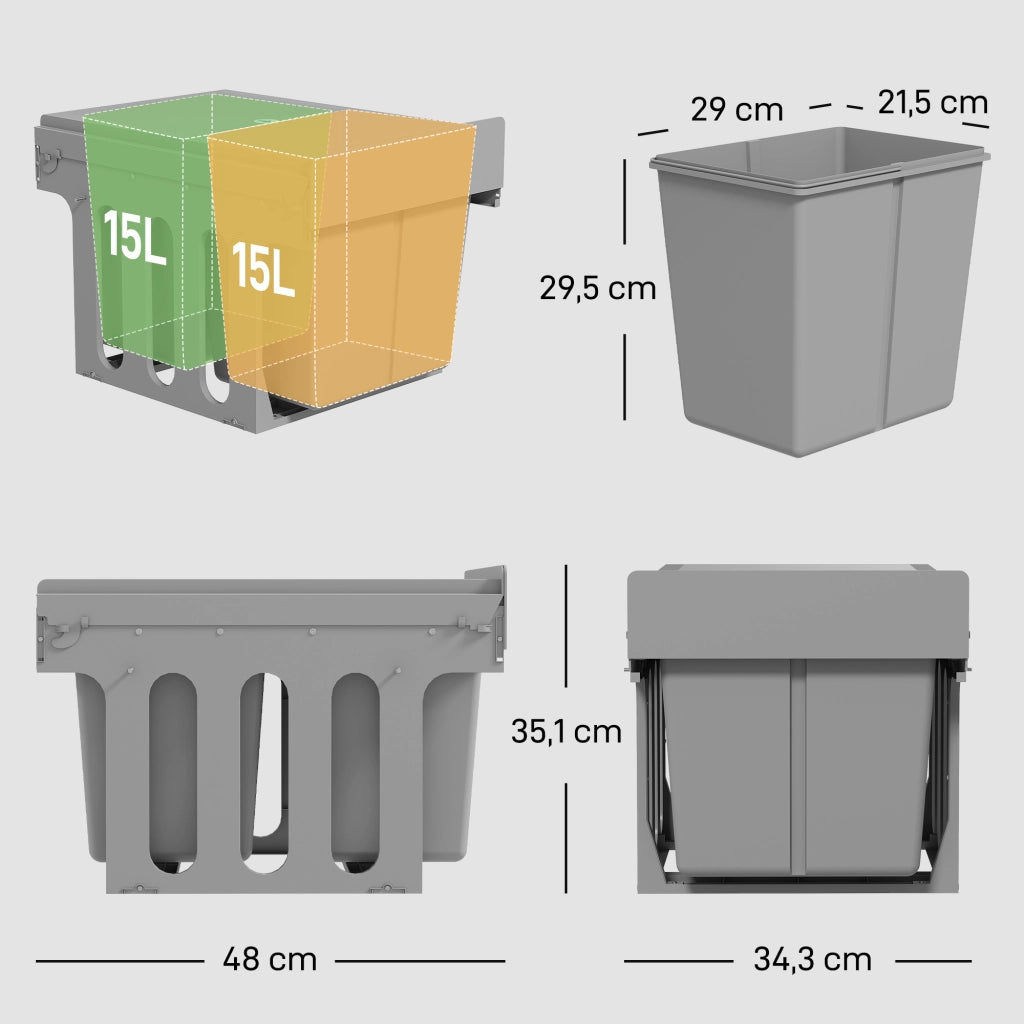 Cestino Sottolavabo Estraibile con 2 Contenitori 30L ¨C zephmum ¨C Grigio Chiaro 60x45x45 cm