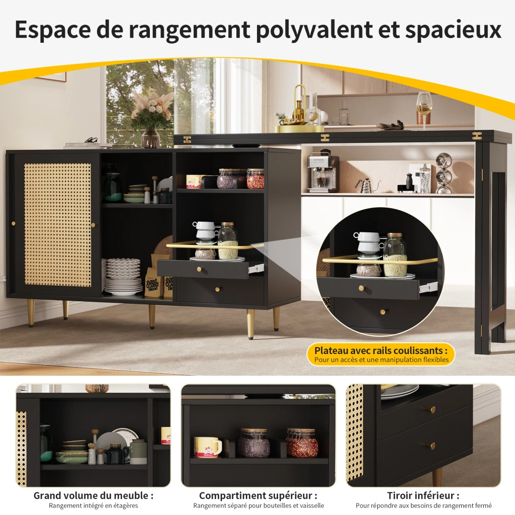 Mobile Bar con Anta in Rattan; Cassetto; Ripiani Aperti; Piano Girevole a 360° ed Estensibile per Cucina