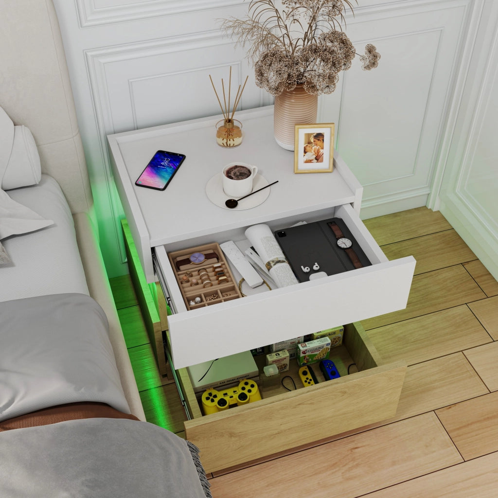Comodino, 2 cassetti, tavolino a due ripiani, luce a LED, bianco e color legno naturale