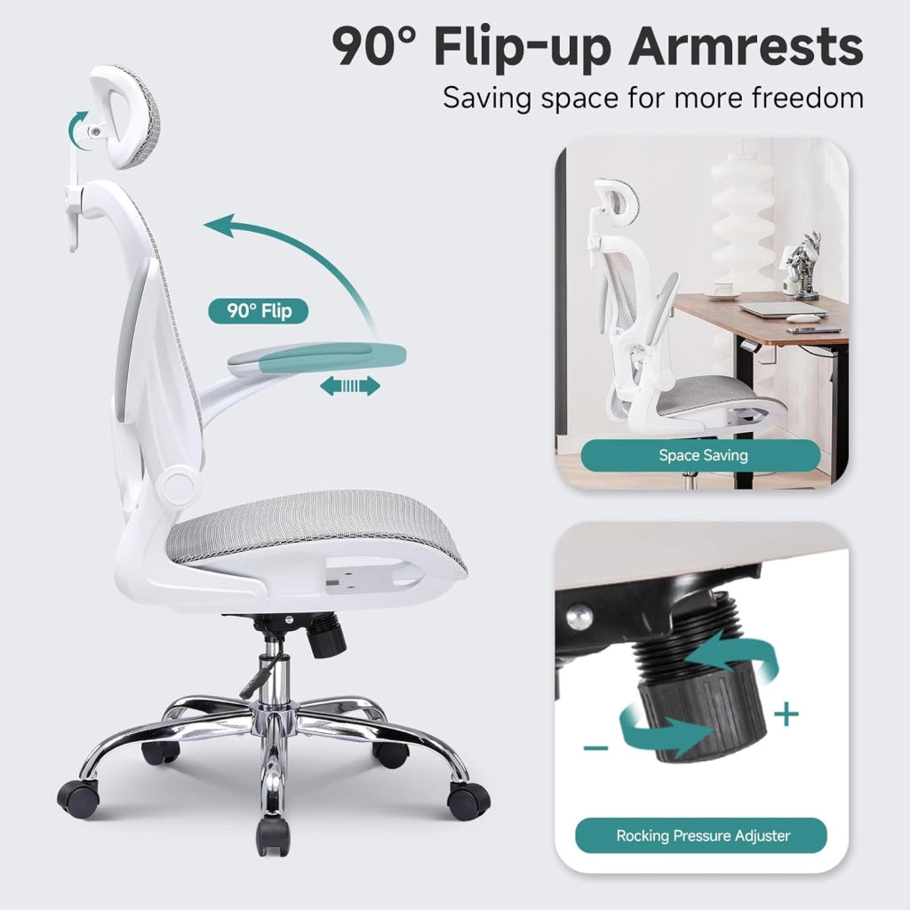 Sedia da ufficio, sedia da scrivania, ergonomica, in rete a doppio strato, traspirante, supporto lombare adattabile, poggiatesta regolabile, per home office, sedia girevole da 150 kg, bianco