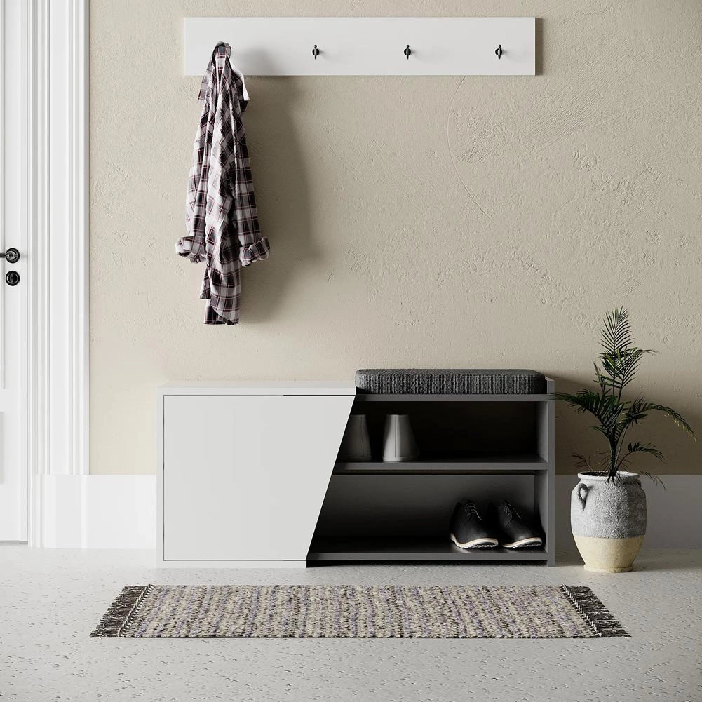 Panca Scarpiera da Ingresso 104x37x47 cm 2 Ripiani Porta Scarpe Mobiletto con Anta e Cuscino in MDF Bianco e Grigio