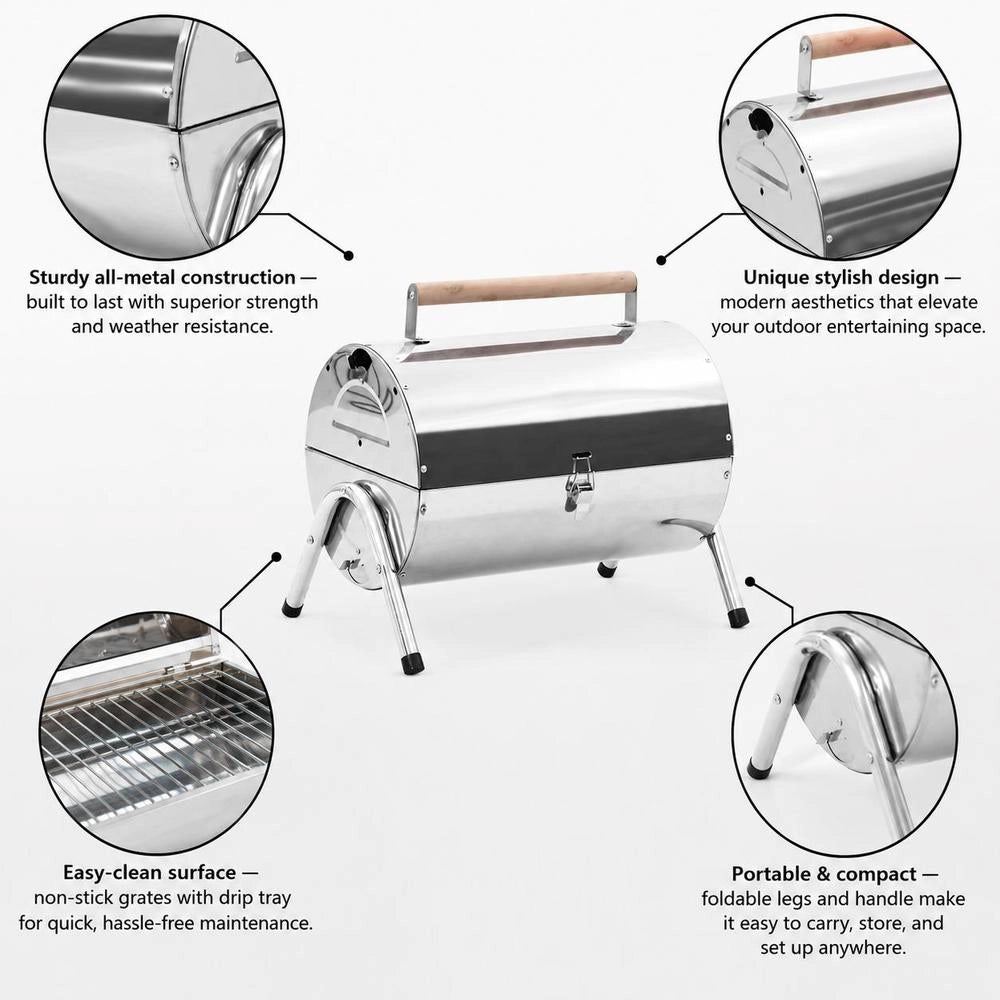 Portable Tabletop Charcoal Grill, Stainless Steel, Double Grate