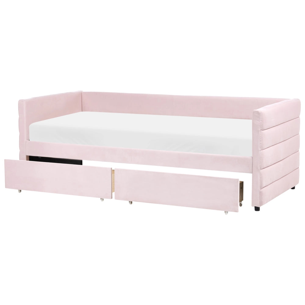 Letto con contenitore con cassetti in velluto rosa pastello 90 x 200 cm stanzetta design elegante