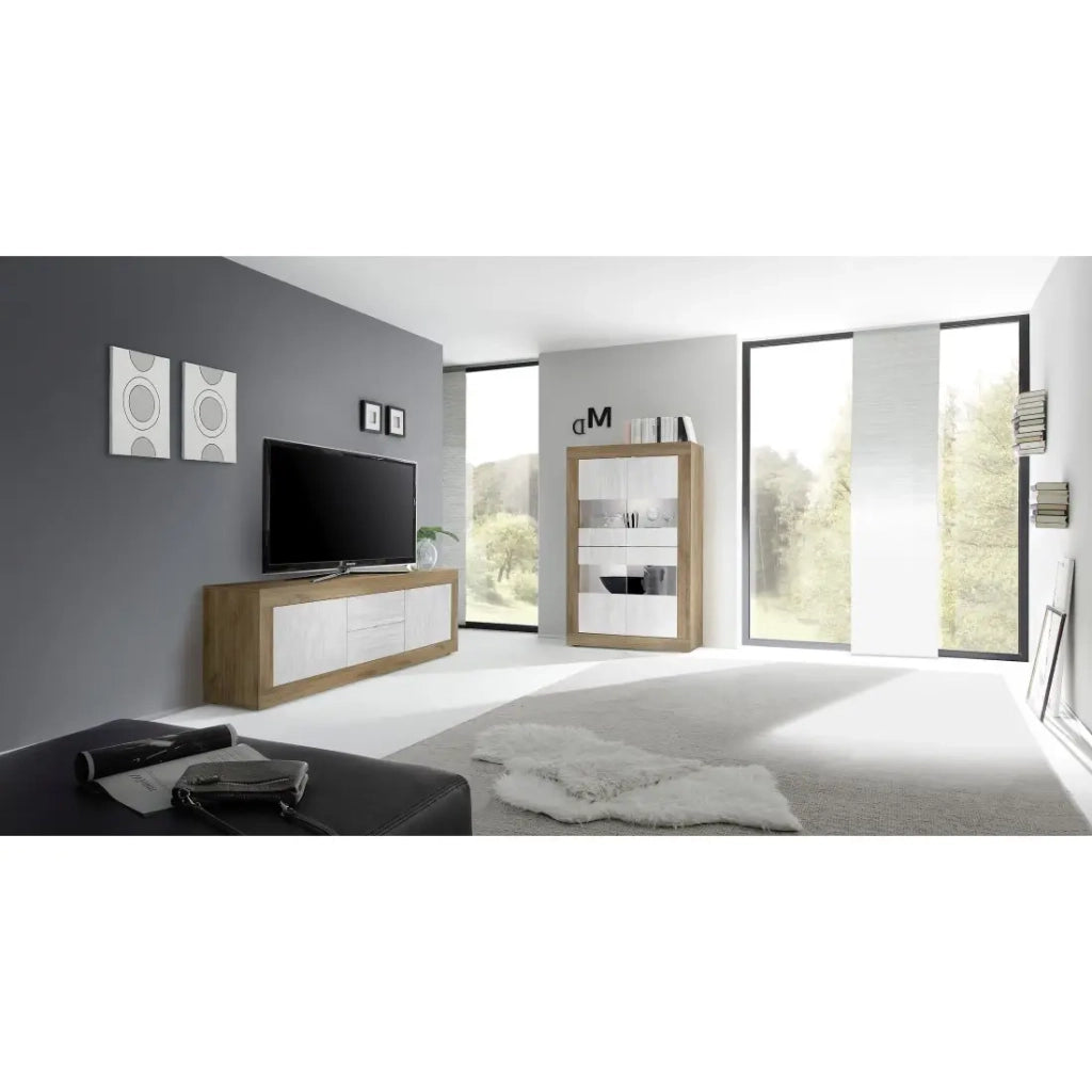 Vetrina design 4 porte collezione ACCESS. Colori bianco e rovere scuro