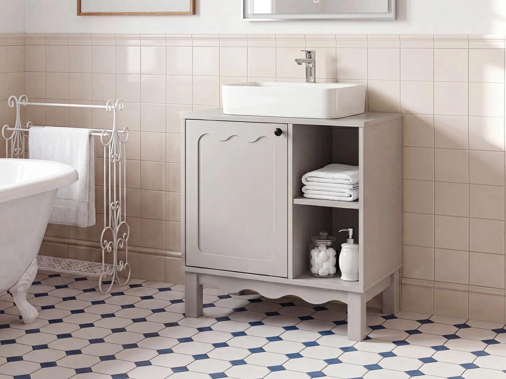 Mobile da bagno a colonna in MDF con ripiani, colore beige chiaro stile tradizionale