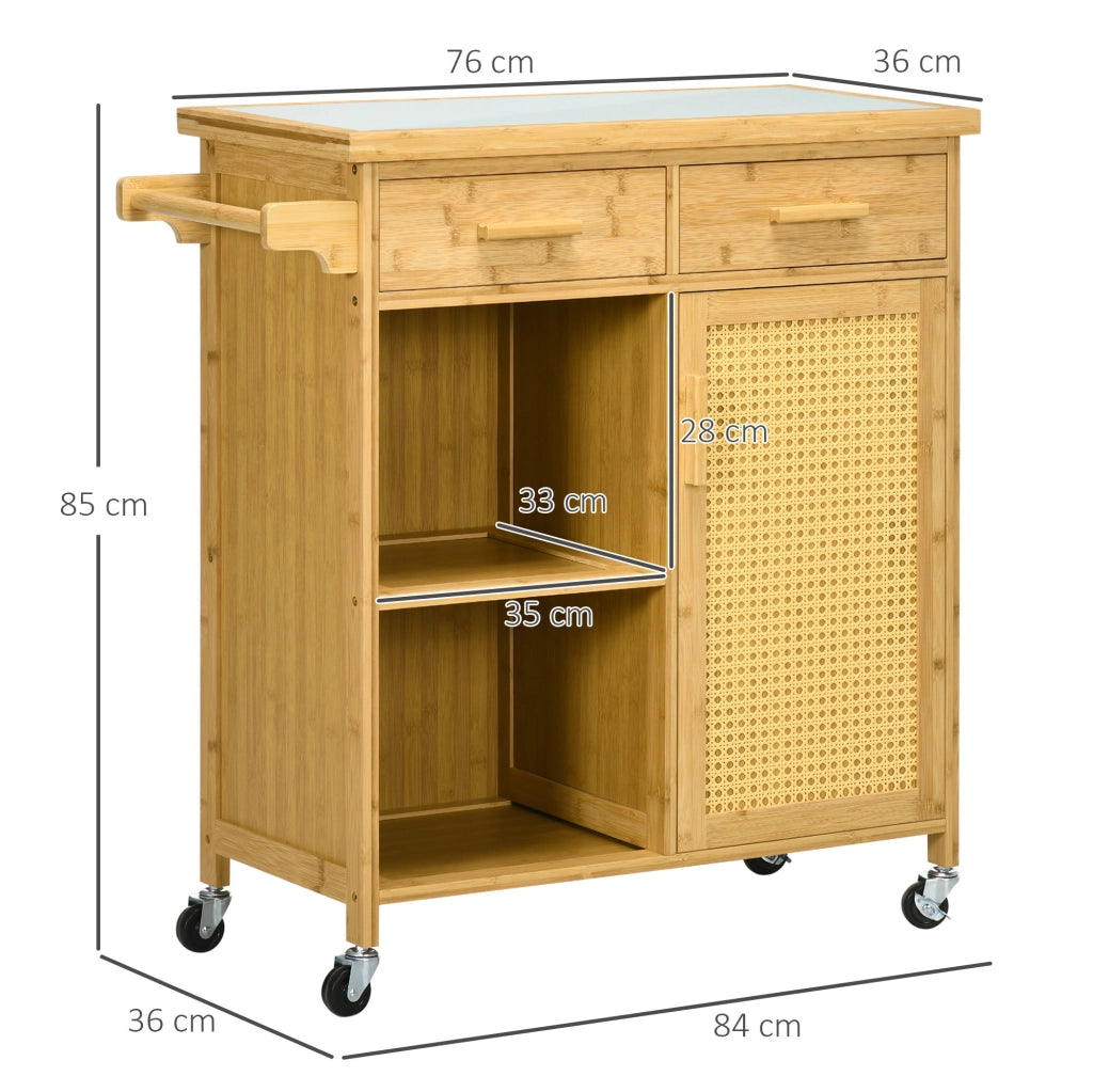Carrello cucina in bambù con ante in rattan e piano in vetro