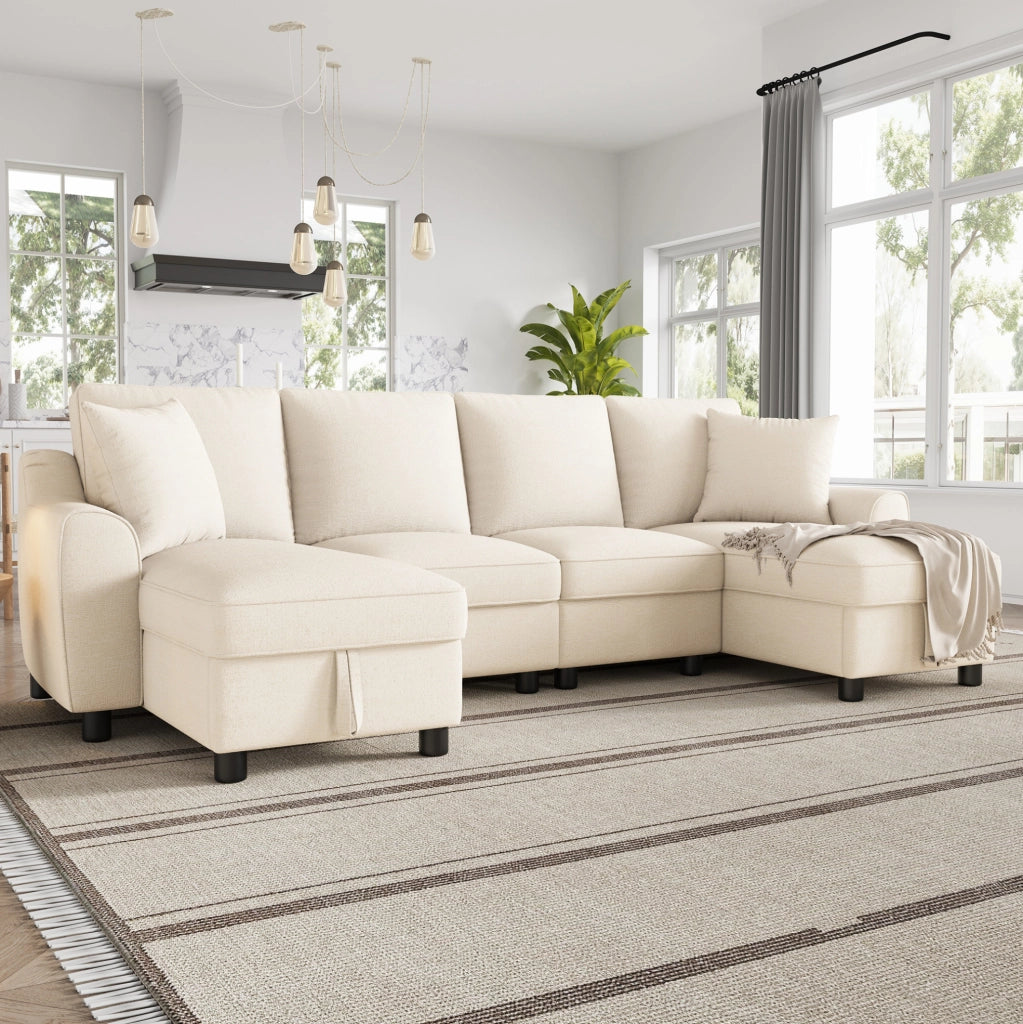 Divano angolare a U in ciniglia beige con vani contenitore, 280 × 137 × 84 cm