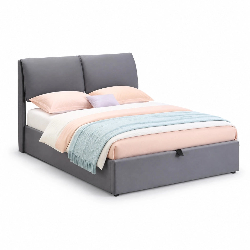 Letto imbottito 140x200 in velluto grigio con 3 cassetti, contenitore idraulico, rete a doghe e testiera regolabile