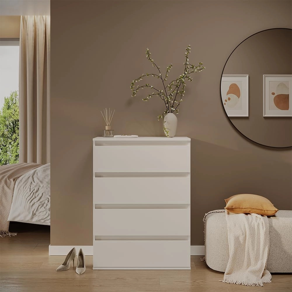 Cassettiera Claus, Bianco, 74 x 99.6 cm con 4 cassetti, per riporre abiti e oggetti di uso quotidiano