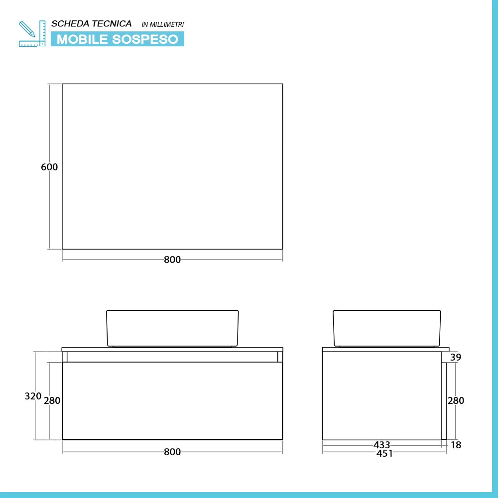 Mobile bagno sospeso 80 cm bianco e rovere con lavabo e specchio Kleo