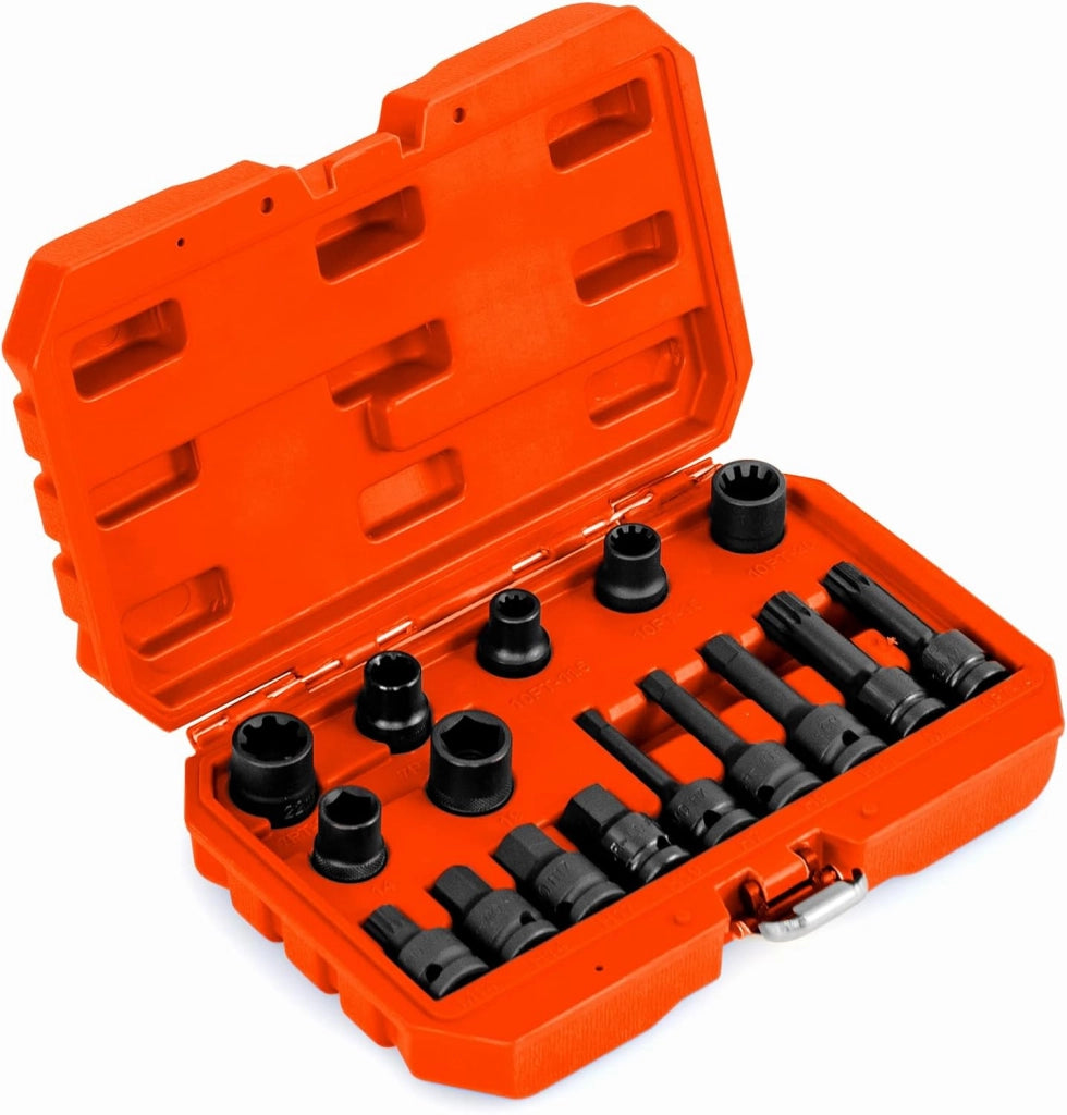 Set di Bussole per Pinze Freno da 16 Pezzi, Kit di Attrezzi per la Regolazione dei Freni con Chiave di Trasmissione da 1/2”, Compatibile con Vari Veicoli, 28 x 7 x 18 cm (Arancione)