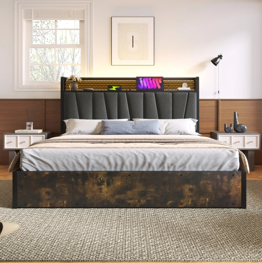 Letto matrimoniale 160x200 cm in metallo e lino grigio con LED RGBW; prese USB e contenitore